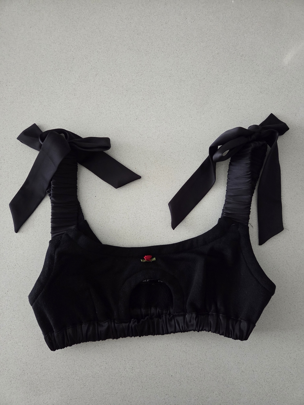 For Love&Lemons Black Bow-Shoulder Bralette with Rose Accent